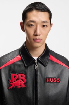 HUGO x RB leather jacket with bull motifs, Black