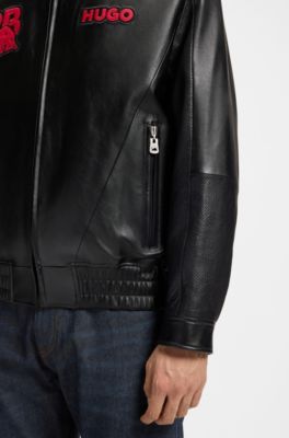HUGO x RB leather jacket with bull motifs, Black