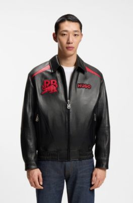HUGO x RB leather jacket with bull motifs, Black