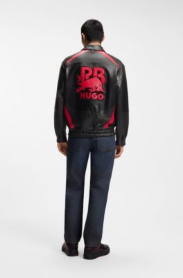 HUGO x RB leather jacket with bull motifs, Black