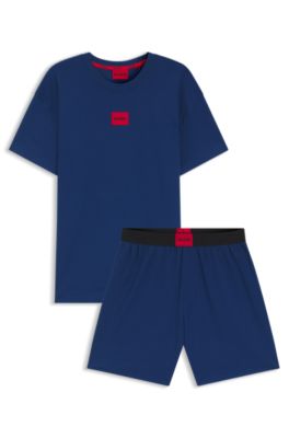 Stretch-cotton pyjamas with logo labels, Blue