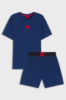 Stretch-cotton pyjamas with logo labels, Blue