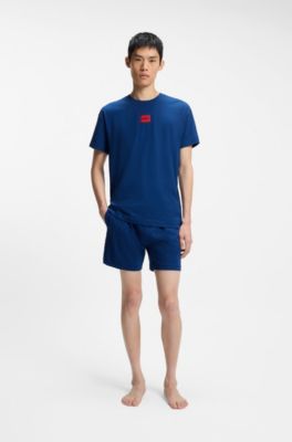 로고 라벨 스트레치 코튼 파자마, 블루
