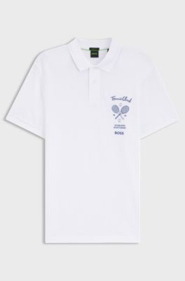 Cotton-mesh polo shirt with embroidered artwork, White