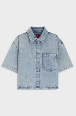 Blusa relaxed fit en denim r&iacute;gido a rayas, Celeste