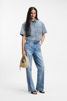 Camicetta relaxed fit a righe in denim rigido, Celeste