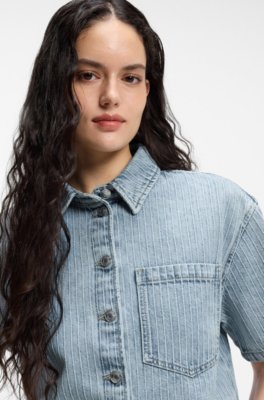 Hugo Relaxed-fit blouse in striped rigid denim blusar dam – bild 3
