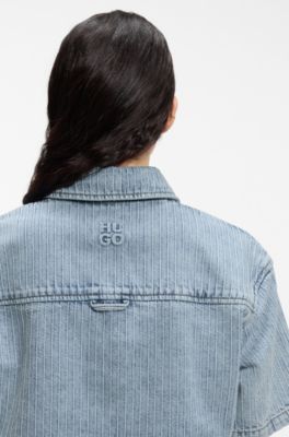 Camicetta relaxed fit a righe in denim rigido, Celeste