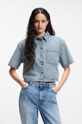 Camicetta relaxed fit a righe in denim rigido, Celeste