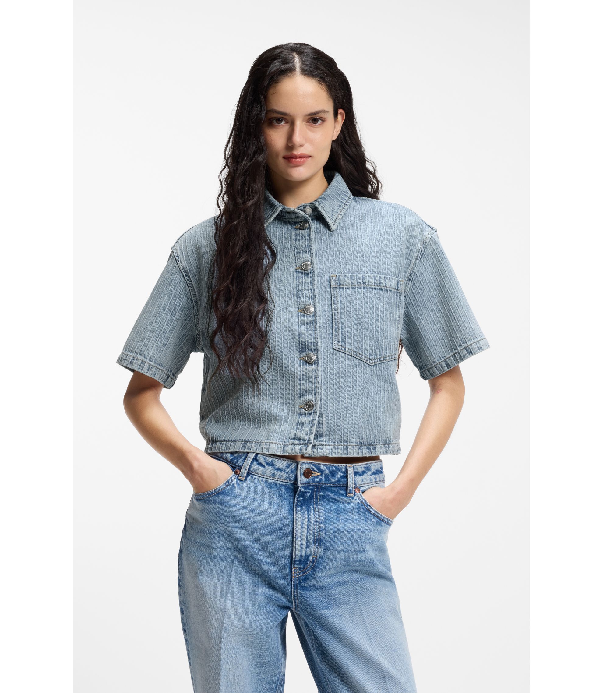 Relaxed-Fit Bluse aus gestreiftem Rigid-Denim