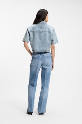 Camicetta relaxed fit a righe in denim rigido, Celeste