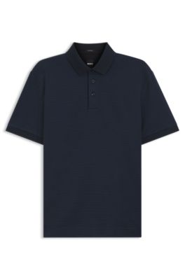 Mercerised-cotton polo shirt with three-tone jacquard, Dark Blue