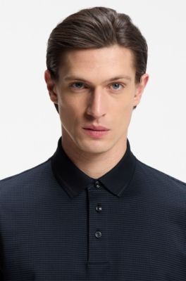 Mercerised-cotton polo shirt with three-tone jacquard, Dark Blue