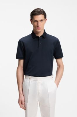 Mercerised-cotton polo shirt with three-tone jacquard, Dark Blue