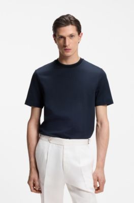 Mercerised-cotton T-shirt with three-tone jacquard, Dark Blue