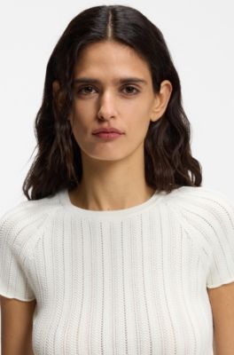 Slim-fit knitted sweater with wave structure, White