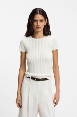 Slim-fit knitted sweater with wave structure, Natural