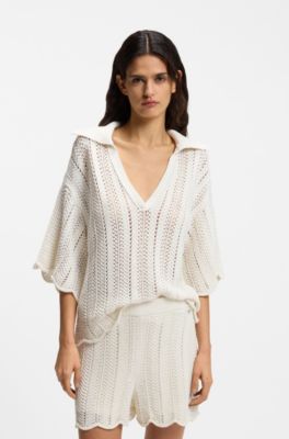 Maglione in misto cotone con lavorazione a onde, Colore neutro