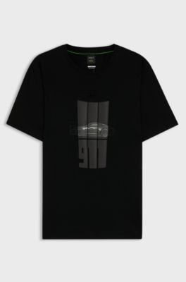 Porsche x BOSS-T-shirt van gemerceriseerde katoen met reflecterende graphics, Zwart