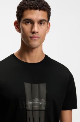 Porsche x BOSS T-shirt in mercerized cotton with reflective graphic print, Black