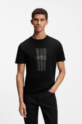 Porsche x BOSS T-Shirt aus merzerisierter Baumwolle mit reflektierendem Grafik-Print, Schwarz