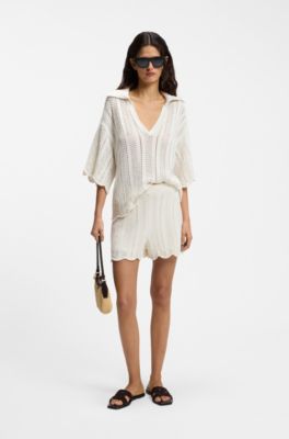 Cotton-blend knitted shorts with wave structure, Natural