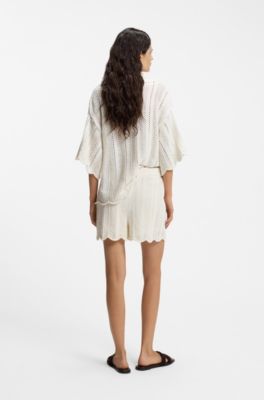 Cotton-blend knitted shorts with wave structure, Natural