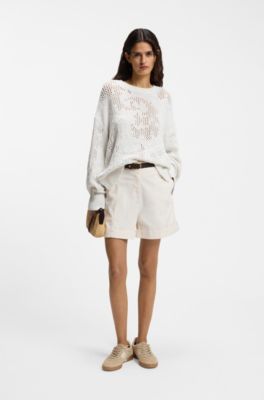 Maglione oversized fit in misto cotone con motivo lavorato, Colore neutro