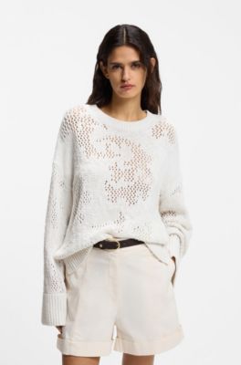 Oversized-fit cotton-blend sweater with knitted pattern, Natural