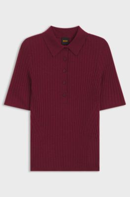 Short-sleeved wool-blend sweater with polo collar, Dark Red