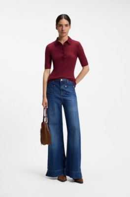 Short-sleeved wool-blend sweater with polo collar, Dark Red
