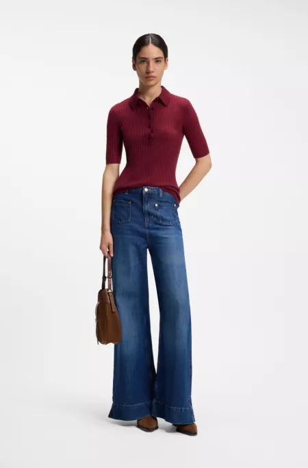 Short-sleeved wool-blend sweater with polo collar