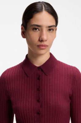 Short-sleeved wool-blend sweater with polo collar, Dark Red