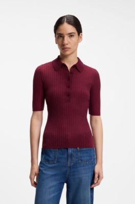 Short-sleeved wool-blend sweater with polo collar, Dark Red