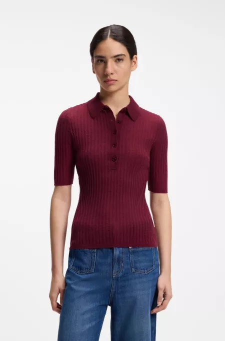 Short-sleeved wool-blend sweater with polo collar