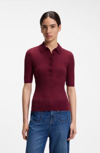 Short-sleeved wool-blend sweater with polo collar, Dark Red