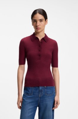 Short-sleeved wool-blend sweater with polo collar