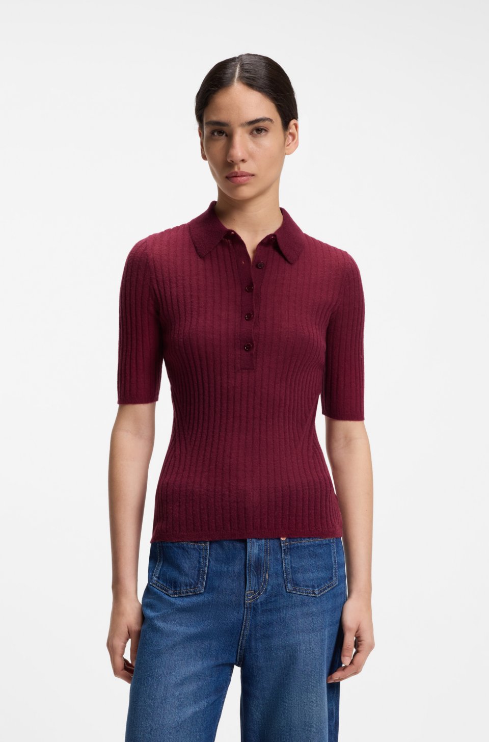 Short-sleeved wool-blend sweater with polo collar