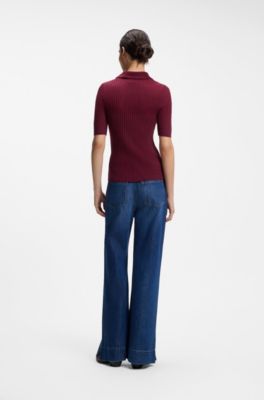 Short-sleeved wool-blend sweater with polo collar, Dark Red