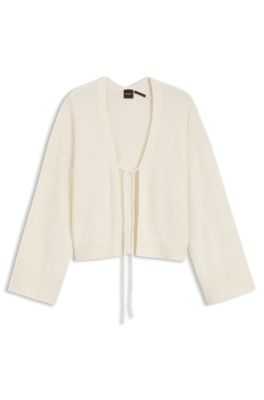 Cotton-blend cardigan with tie front, Natural