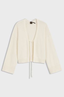 Cotton-blend cardigan with tie front, Natural
