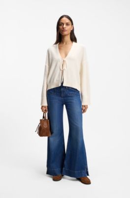 Cotton-blend cardigan with tie front, Natural