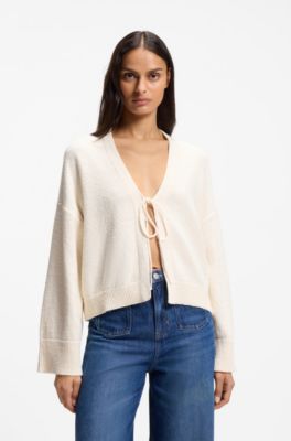 Cotton-blend cardigan with tie front, Natural