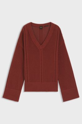 Pull en coton avec structure en maille, Rouge sombre