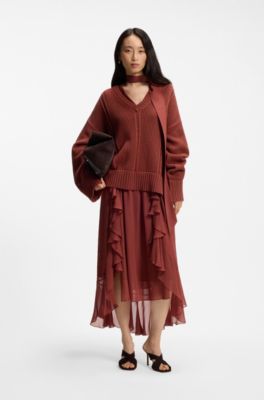 Cotton sweater with mesh structure, Dark Red