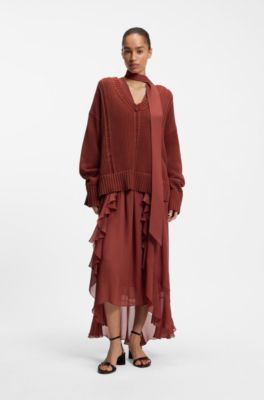 Pull en coton avec structure en maille, Rouge sombre