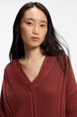 Cotton sweater with mesh structure, Dark Red