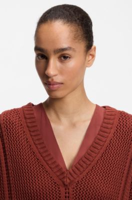 Cotton sweater with mesh structure, Dark Red