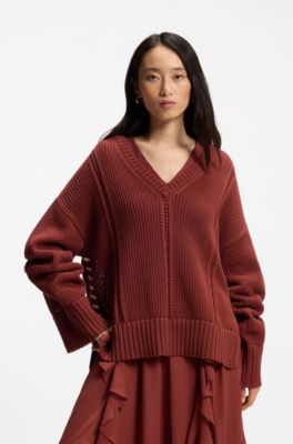 Cotton sweater with mesh structure, Dark Red