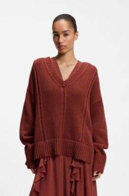 Cotton sweater with mesh structure, Dark Red